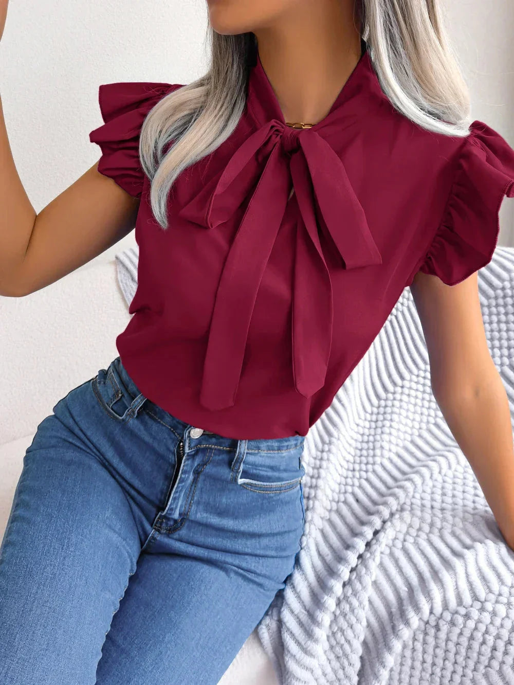 Women Summer Casual Bow Ruffle Short Sleeve Chiffon Blouse