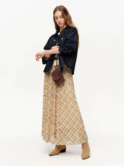 Brown Midi Skirt Retro Plaid Mesh