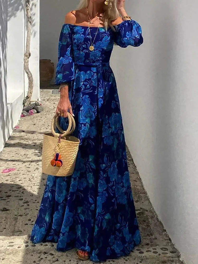 Print Patchwork Slash Neck Maxi Dress, Women Spring Summer Three Quarter Lantern Sleeve Party Dress, Simple Elegant Ladies Dress