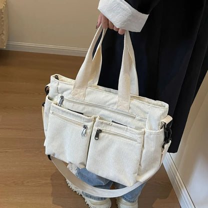 Female Large Capacity Corduroy Tote Bag | New Korean Style Fashion Women's Shoulder Crossbody Bag (Worker Commuter Handlebag)