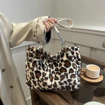 National Style Simple Women's Leopard Tote Bag | Lady Luxury Fluffy Shoulder Bag & Chain Large Capacity Commuter Handle Bag