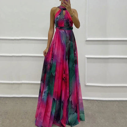 New Sexy Halter Hollow Out Women's Long Dress Casual High Waist Bohemian Dresses Vintage Pattern Printed Sleeveless Party Dress