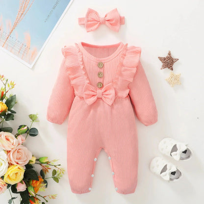 Newborn Baby Girl Romper Long Sleeved Ruffle Bodysuit with Headband Autumn & Winter Onesie Outfit Clothing for Baby 0-18 Months