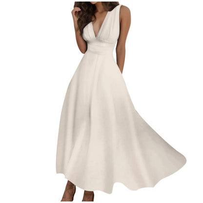 V-Neck Sundress - Sleeveless Long Dress with Side Zipper
