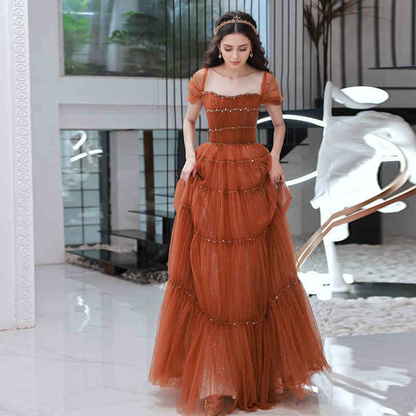 Tiered Tulle Off-Shoulder Gown with Crystal Beading