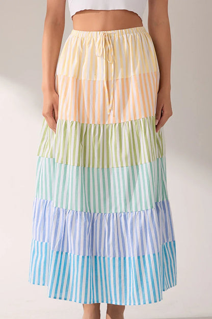 Striped Color Block Tiered Maxi Skirt
