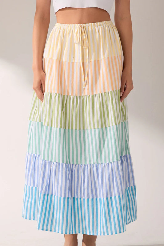 Striped Color Block Tiered Maxi Skirt