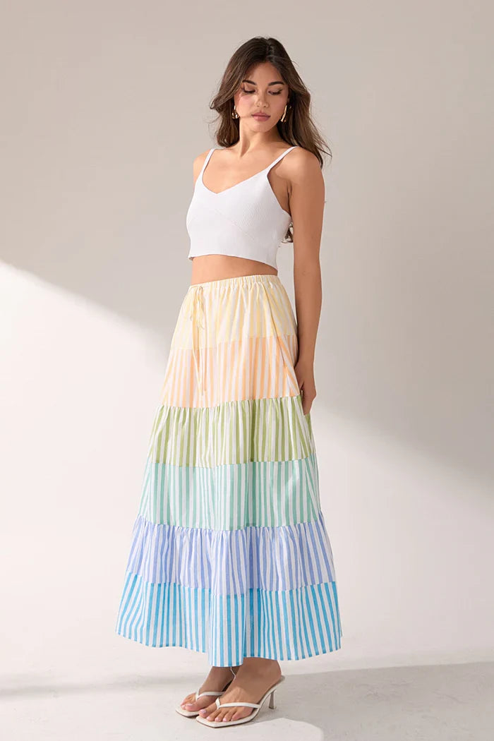 Striped Color Block Tiered Maxi Skirt
