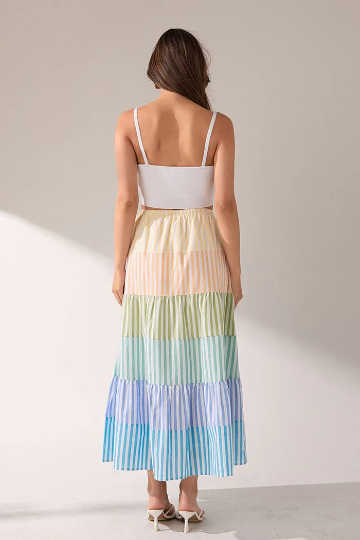 Striped Color Block Tiered Maxi Skirt