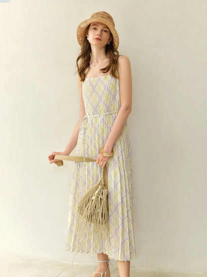 Plus-Size Rhombus Check Strappy Dress