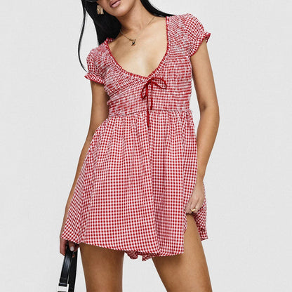 Summer Plaid Rompers Mini Dress for Women Fashion Short Sleeve Sexy Deep V Neck Smocked Waist Slim Plaid Playsuit Jumpsuits