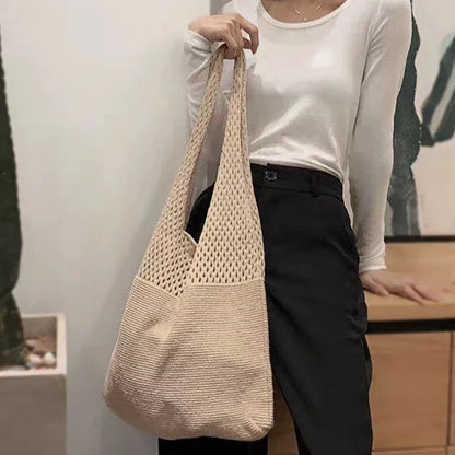 New Trend Women's Crochet Handbag | Retro Knitted Braid Solid Color Hollow Top-Handle Tote Bag (Black Khaki Shopper)