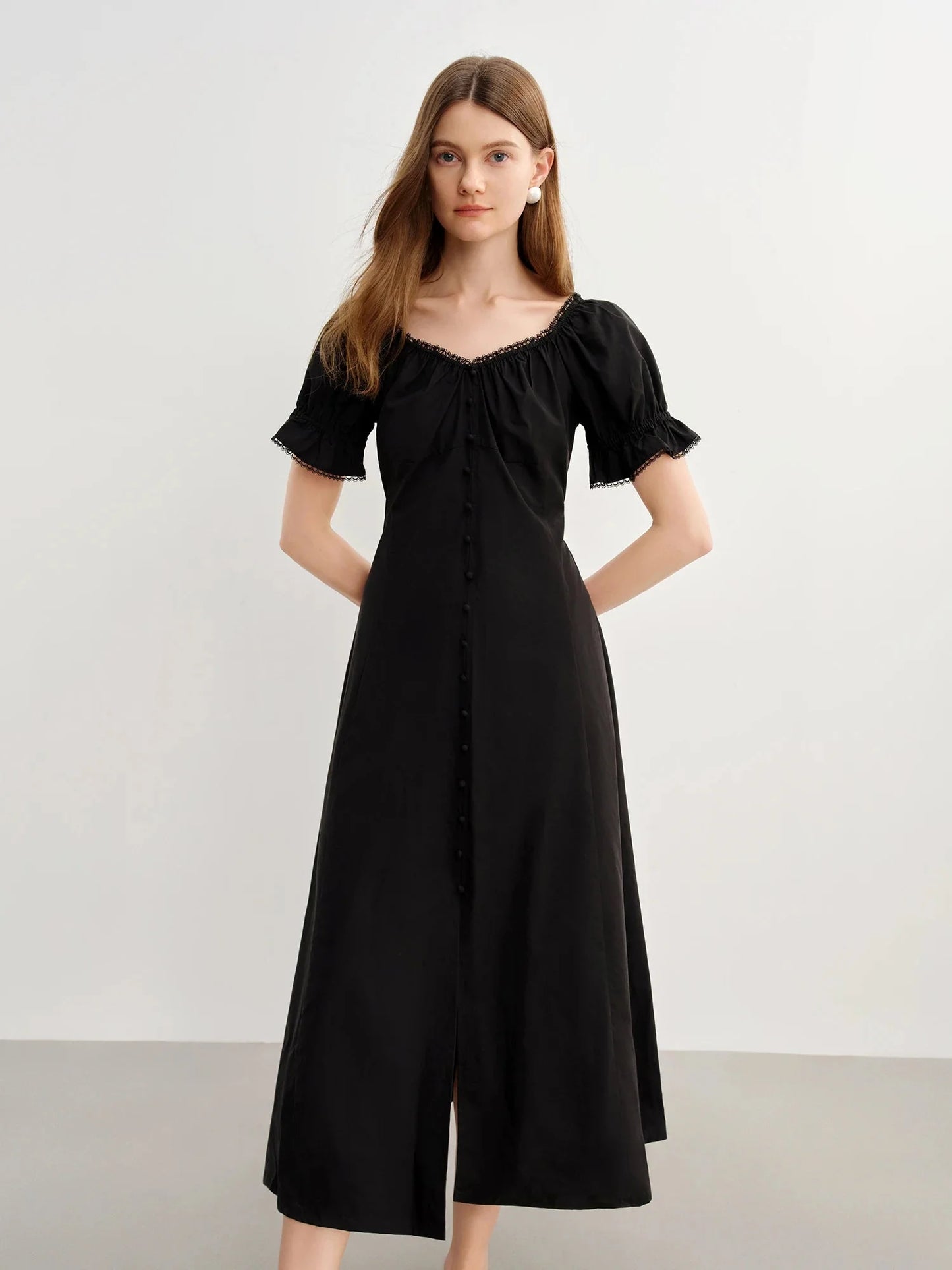French Style Plus Size Lace Collar Dress Summer Puff Sleeve
