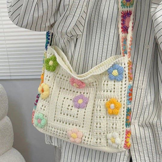 Trendy Large Capacity Boho Tote Bag | Floral Crochet Handbag & Vintage Multicolor Cut-out Knitted Shoulder Bag (Fashionable Hollow Out)