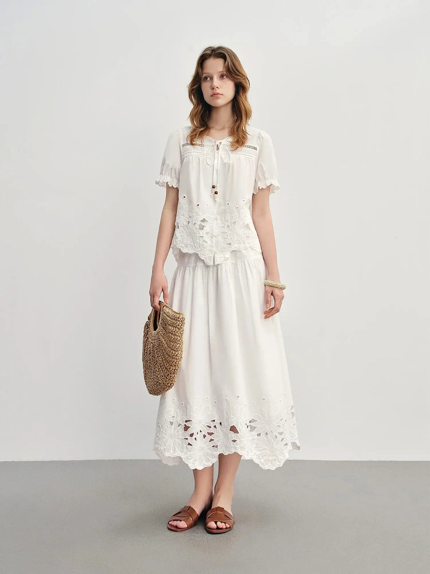Plus-Size Elegant Cut-Out Embroidery Skirt and Blouse Set