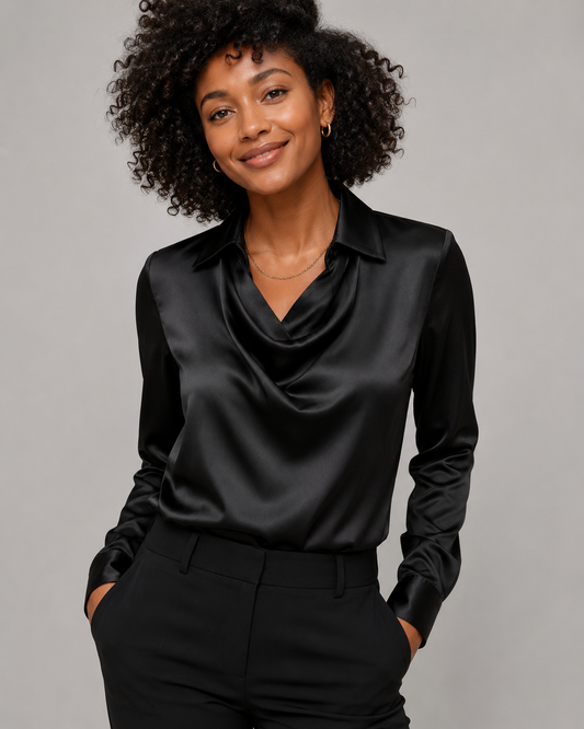 Satin Cowl Neck Long Sleeve Blouse - Elegant Collared Silk-Like Work Office Shirt