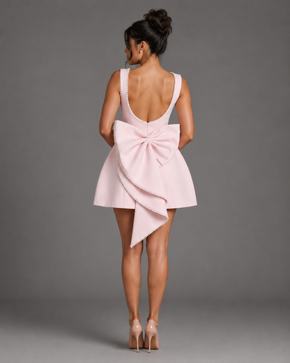 Satin Pearl Carrie Mini Dress – Elegant Backless Boat Neck Bridal Bow Dress