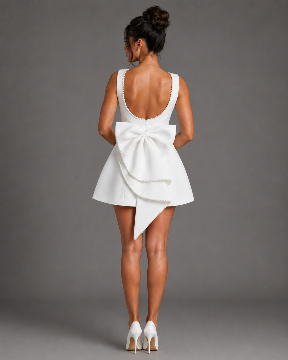 Satin Pearl Carrie Mini Dress – Elegant Backless Boat Neck Bridal Bow Dress