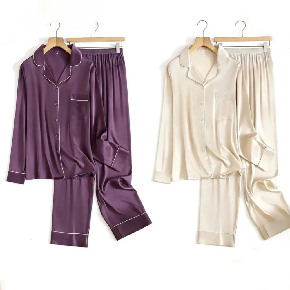 Mulberry Silk Pajama Set Plain Satin Long Pants