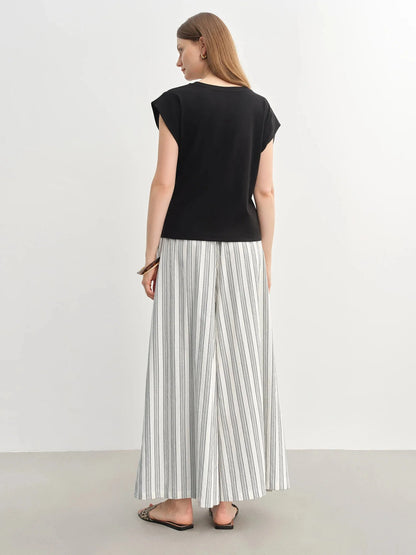 Cotton-Linen Wide Leg Pants Striped Resort Wear