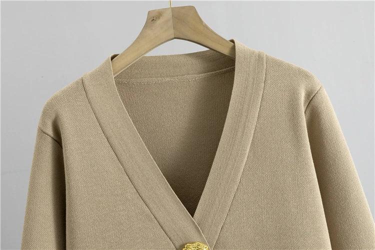 Autumn Winter Women Knit 2 Piece Set New Large Gold Button V-neck Cardigan Coats+High Waist Baggy Wide Leg Pants Sweater Suits