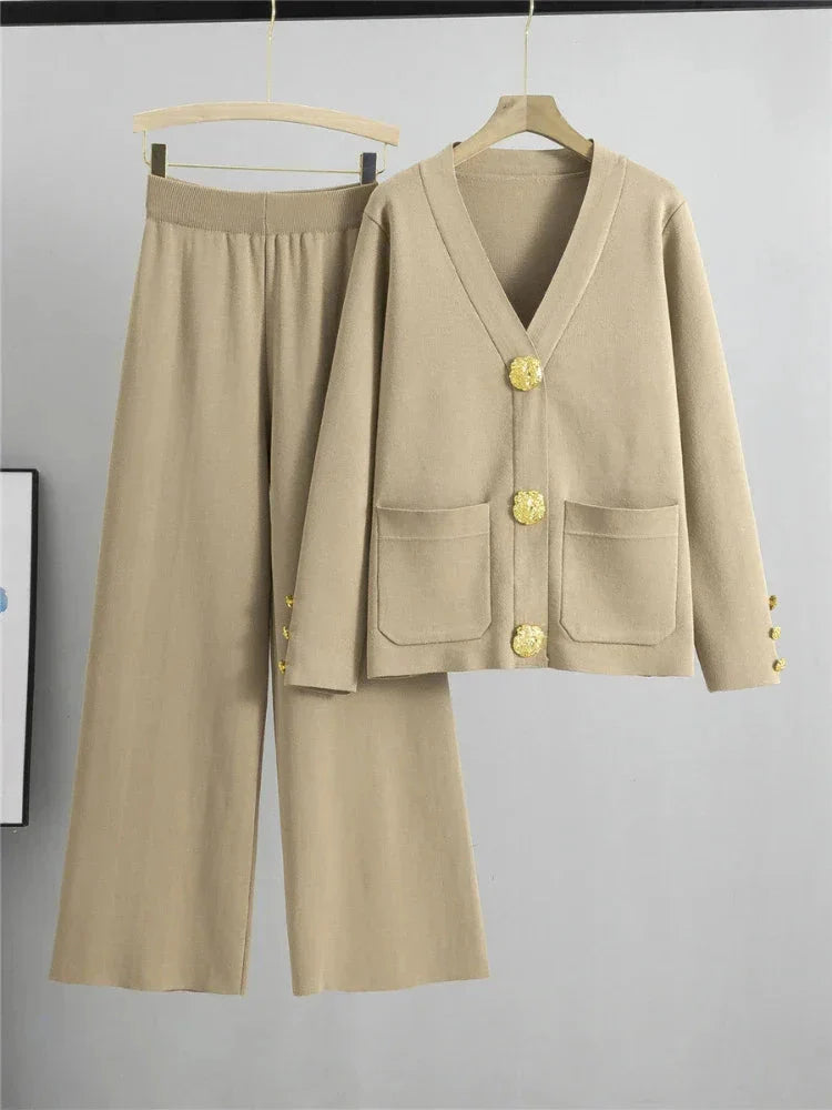 Autumn Winter Women Knit 2 Piece Set New Large Gold Button V-neck Cardigan Coats+High Waist Baggy Wide Leg Pants Sweater Suits