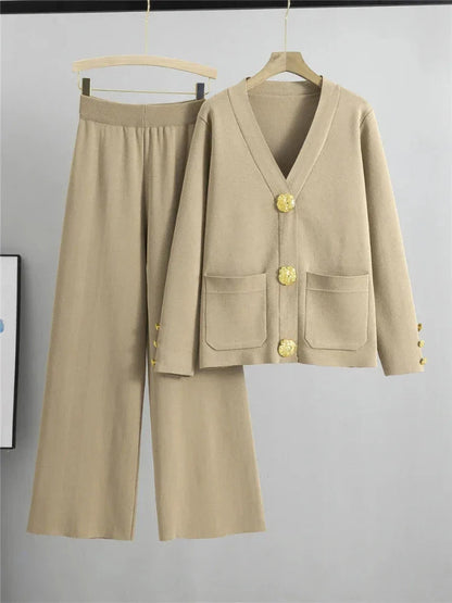 Autumn Winter Women Knit 2 Piece Set New Large Gold Button V-neck Cardigan Coats+High Waist Baggy Wide Leg Pants Sweater Suits