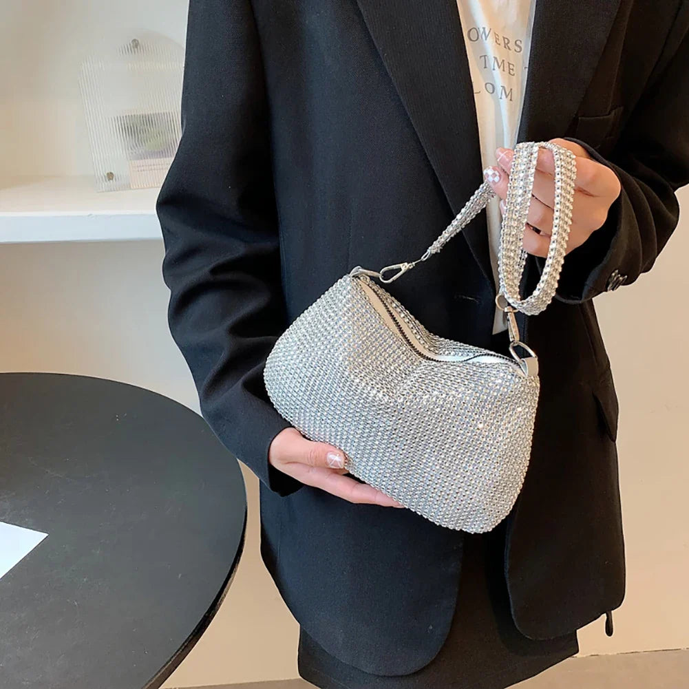 Bling Rhinestone Evening Clutch Bag | Women's Korean Designer Diamond Chain Dinner Party Handbag (Lady Square Tote Shoulder Bag)