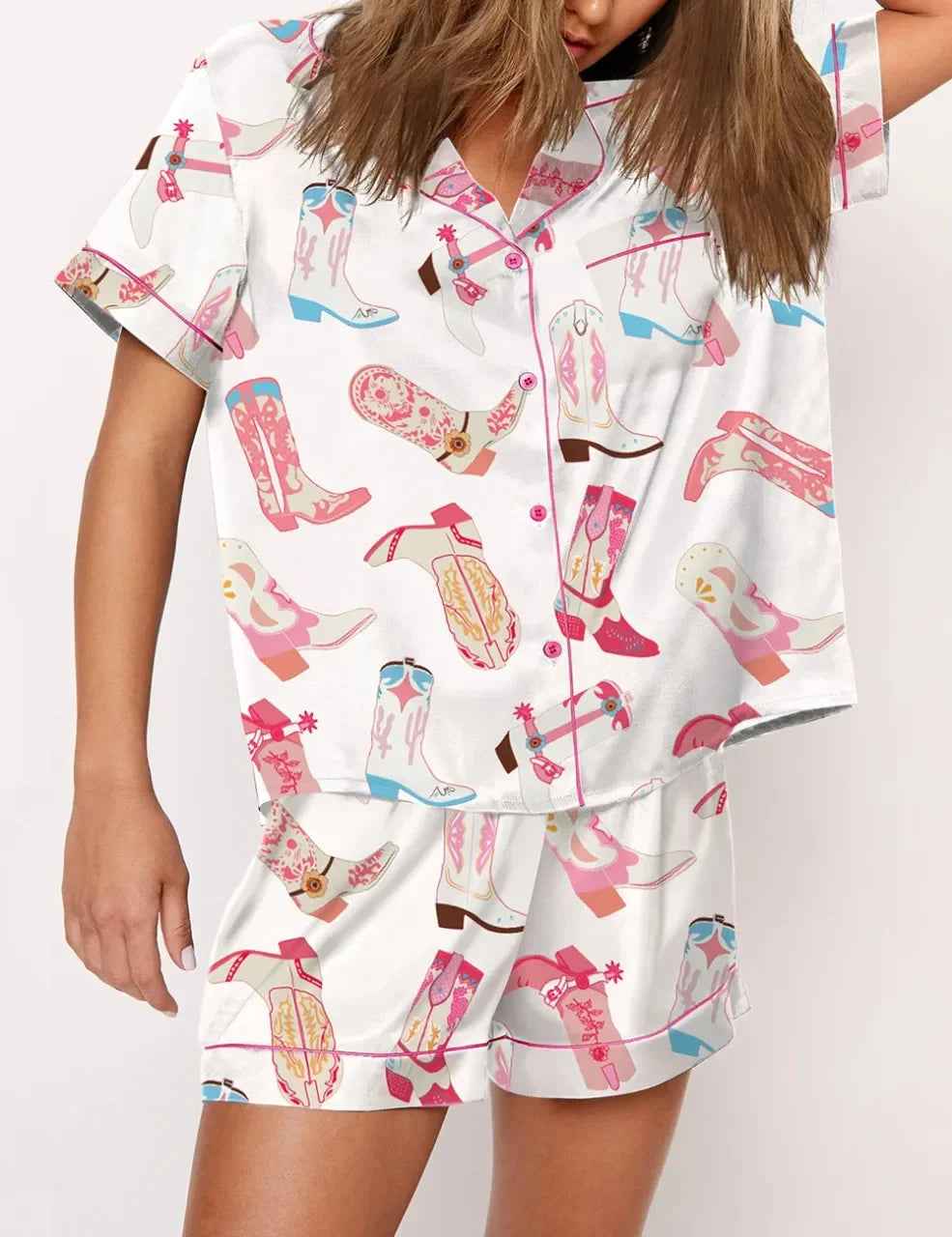Y2k Bow Boots Print Satin Pajamas Short Set For Valentine's Day Satin Silk Pjs Sleepwear Loungewear Lounge Set for Women