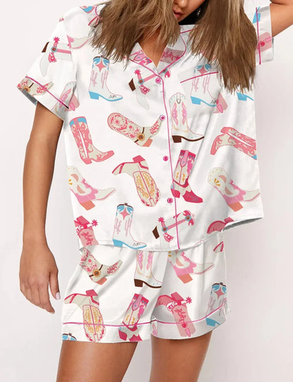 Y2k Bow Boots Print Satin Pajamas Short Set For Valentine's Day Satin Silk Pjs Sleepwear Loungewear Lounge Set for Women