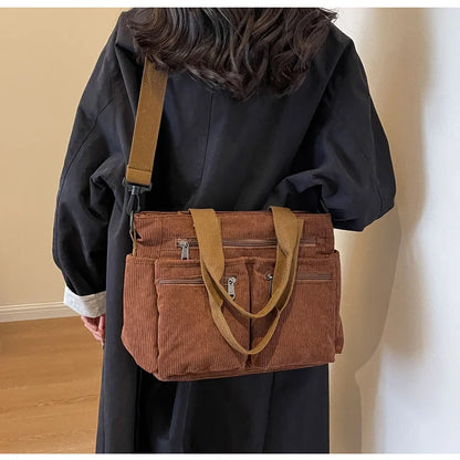 Female Large Capacity Corduroy Tote Bag | New Korean Style Fashion Women's Shoulder Crossbody Bag (Worker Commuter Handlebag)