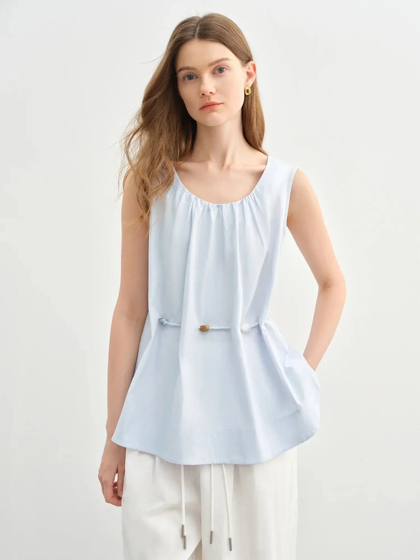 Women's Beaded Sleeveless Blue Cotton Top