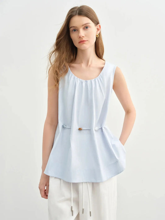 Women's Beaded Sleeveless Blue Cotton Top