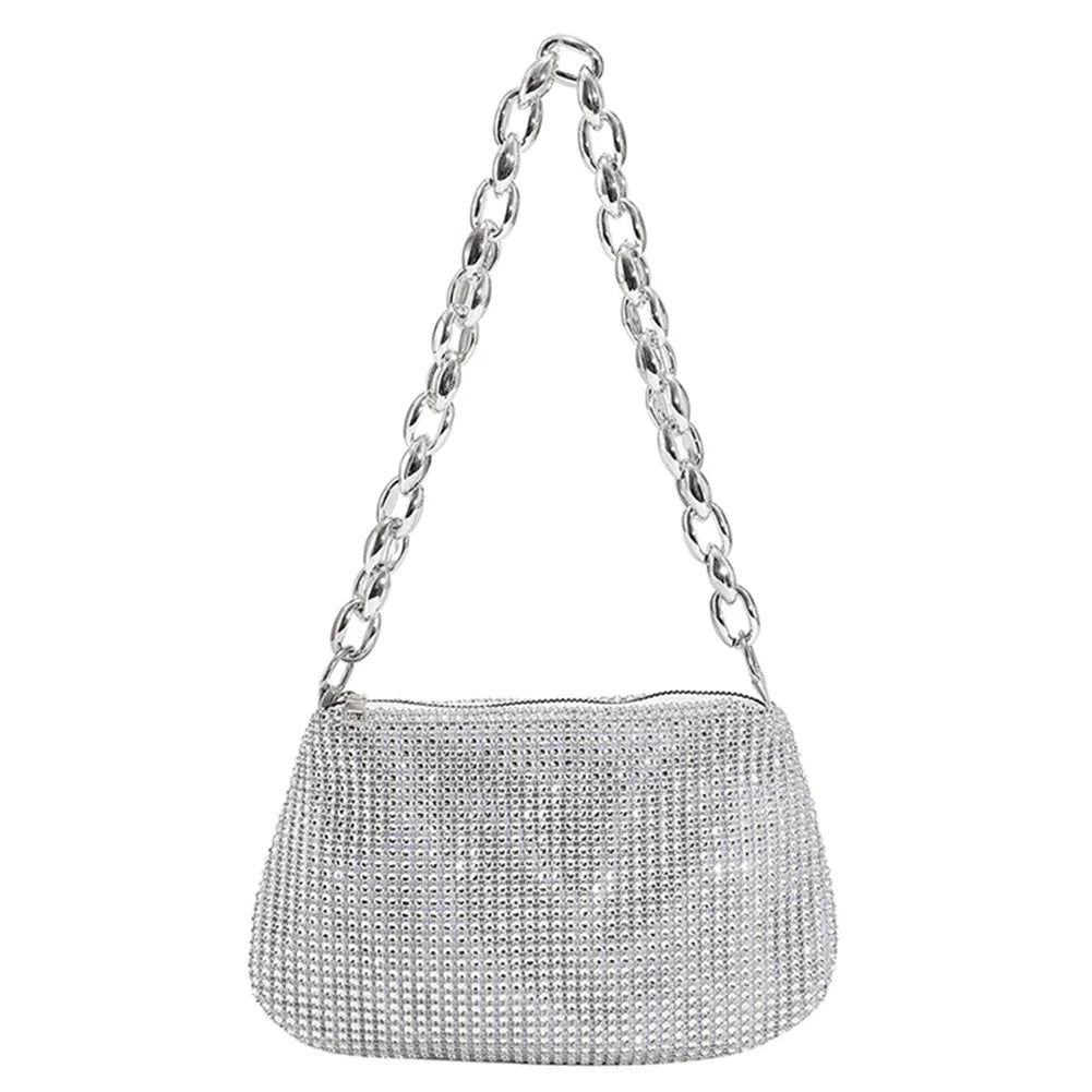 Bling Rhinestone Evening Clutch Bag | Women's Korean Designer Diamond Chain Dinner Party Handbag (Lady Square Tote Shoulder Bag)