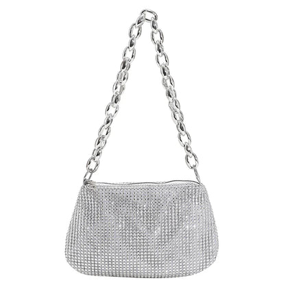 Bling Rhinestone Evening Clutch Bag | Women's Korean Designer Diamond Chain Dinner Party Handbag (Lady Square Tote Shoulder Bag)
