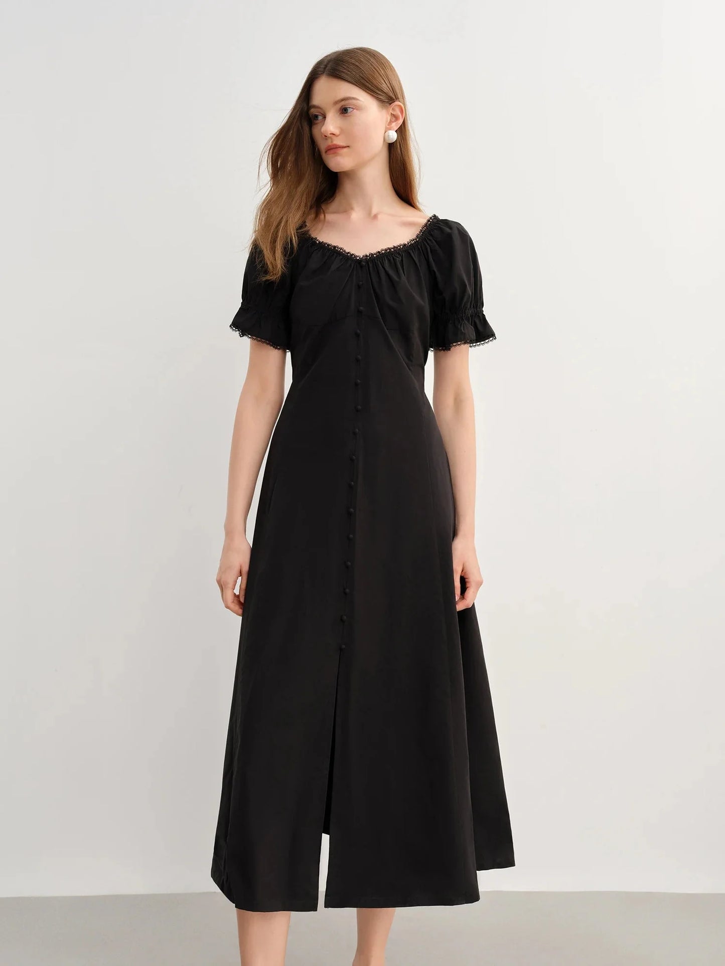 French Style Plus Size Lace Collar Dress Summer Puff Sleeve