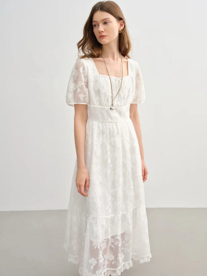 Plus Size White Burnout Dress Elegant Square Neck Summer