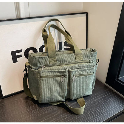 Female Large Capacity Corduroy Tote Bag | New Korean Style Fashion Women's Shoulder Crossbody Bag (Worker Commuter Handlebag)
