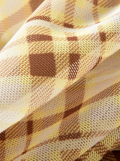 Brown Midi Skirt Retro Plaid Mesh