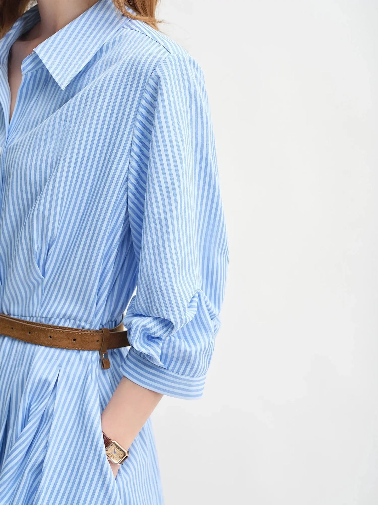 Waist-Defined Pleated Shirt Dress in Blue and White Stripe