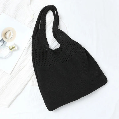 New Trend Women's Crochet Handbag | Retro Knitted Braid Solid Color Hollow Top-Handle Tote Bag (Black Khaki Shopper)