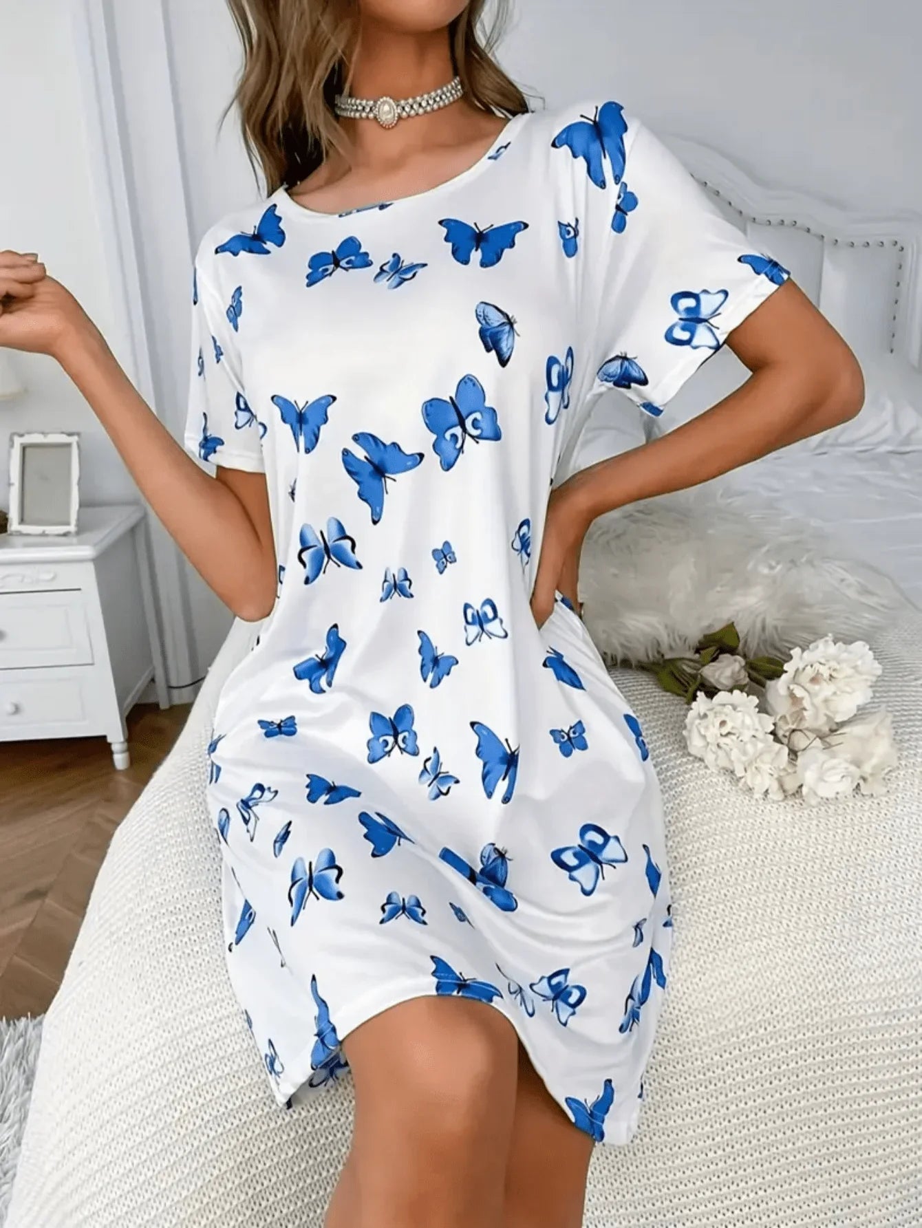 Butterfly Print Short Sleeve Nightgown
