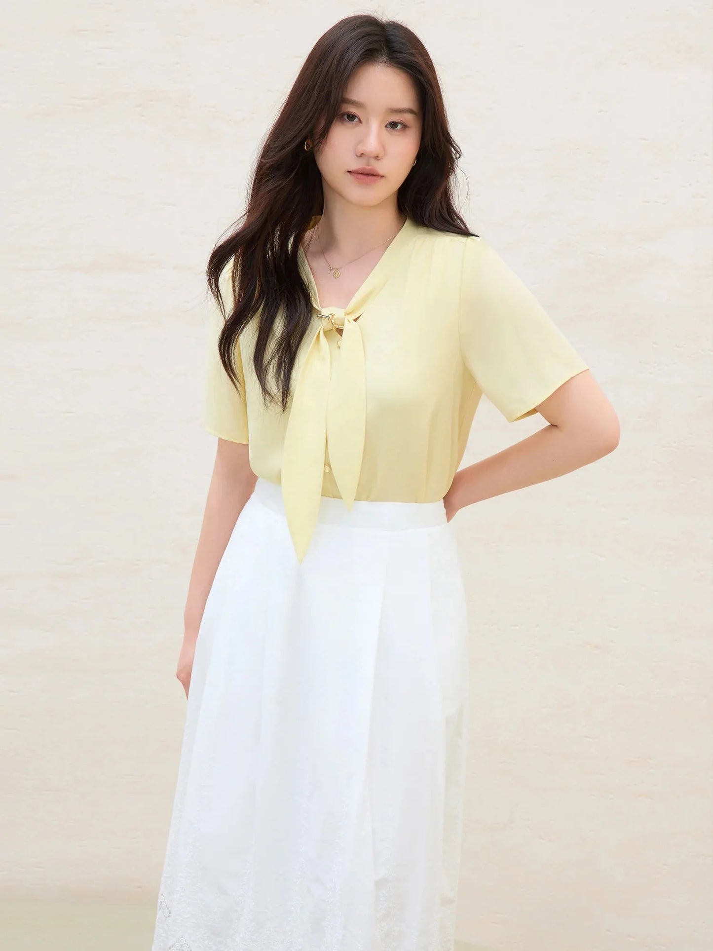 Detachable Tie Blouse Minimalist Summer Office Wear