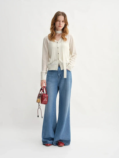 Detachable Bow & Lace Knit Cardigan