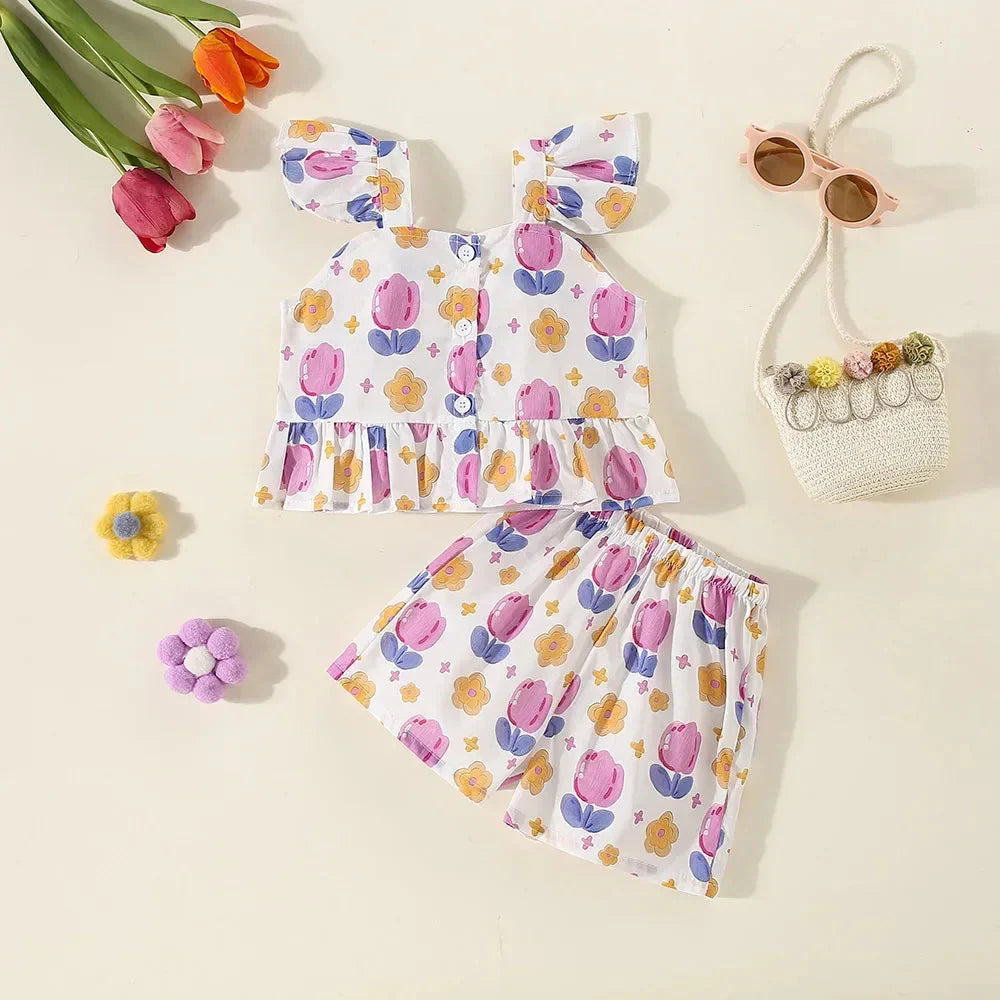 (0-3 Years Old) Summer Baby Girl Flower Small Flying Sleeve Top And Shorts Set Cute Beach Set For Girls