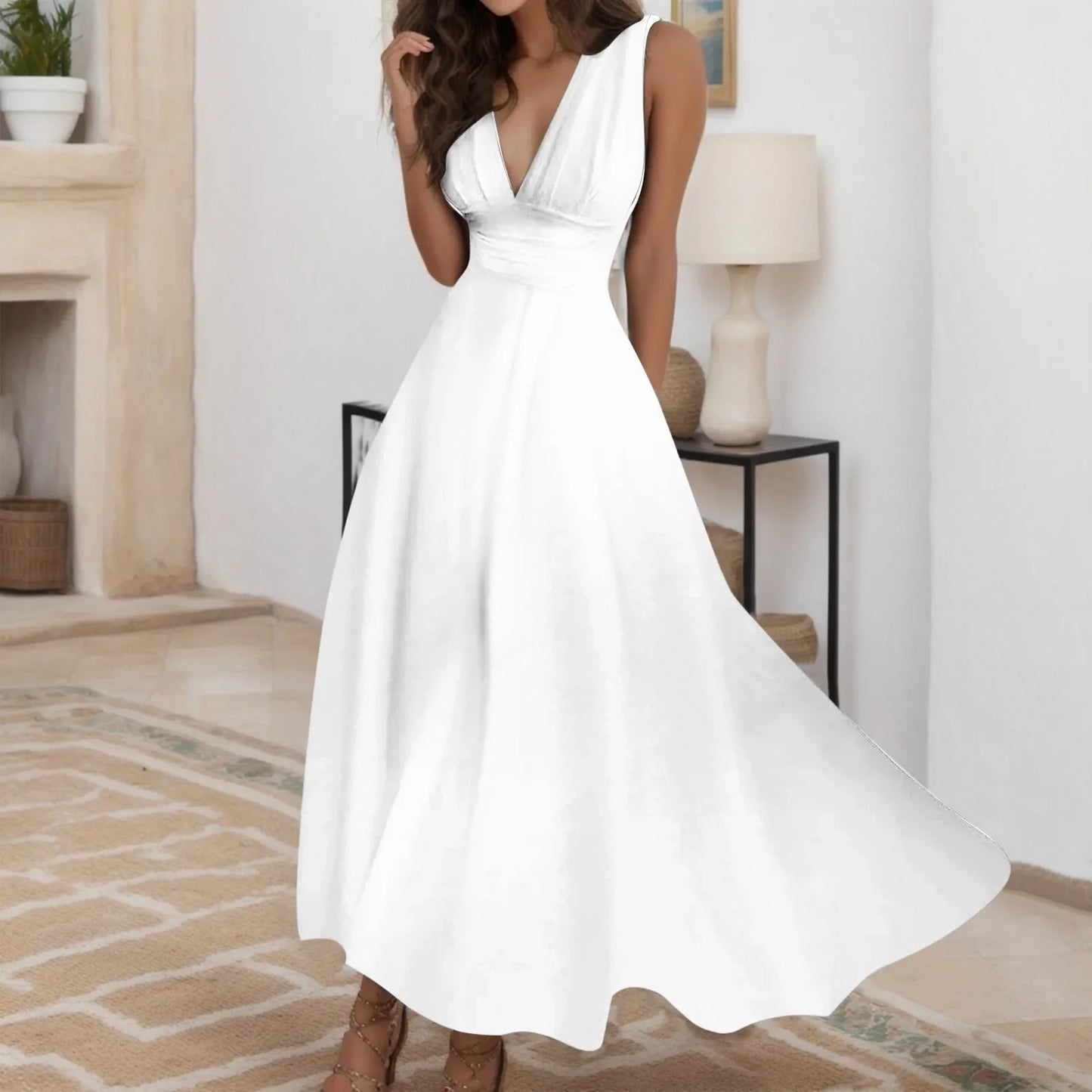 V-Neck Sundress - Sleeveless Long Dress with Side Zipper