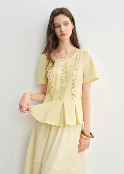 Plus Size Slimming Pleated Shirt Youthful Round Neck