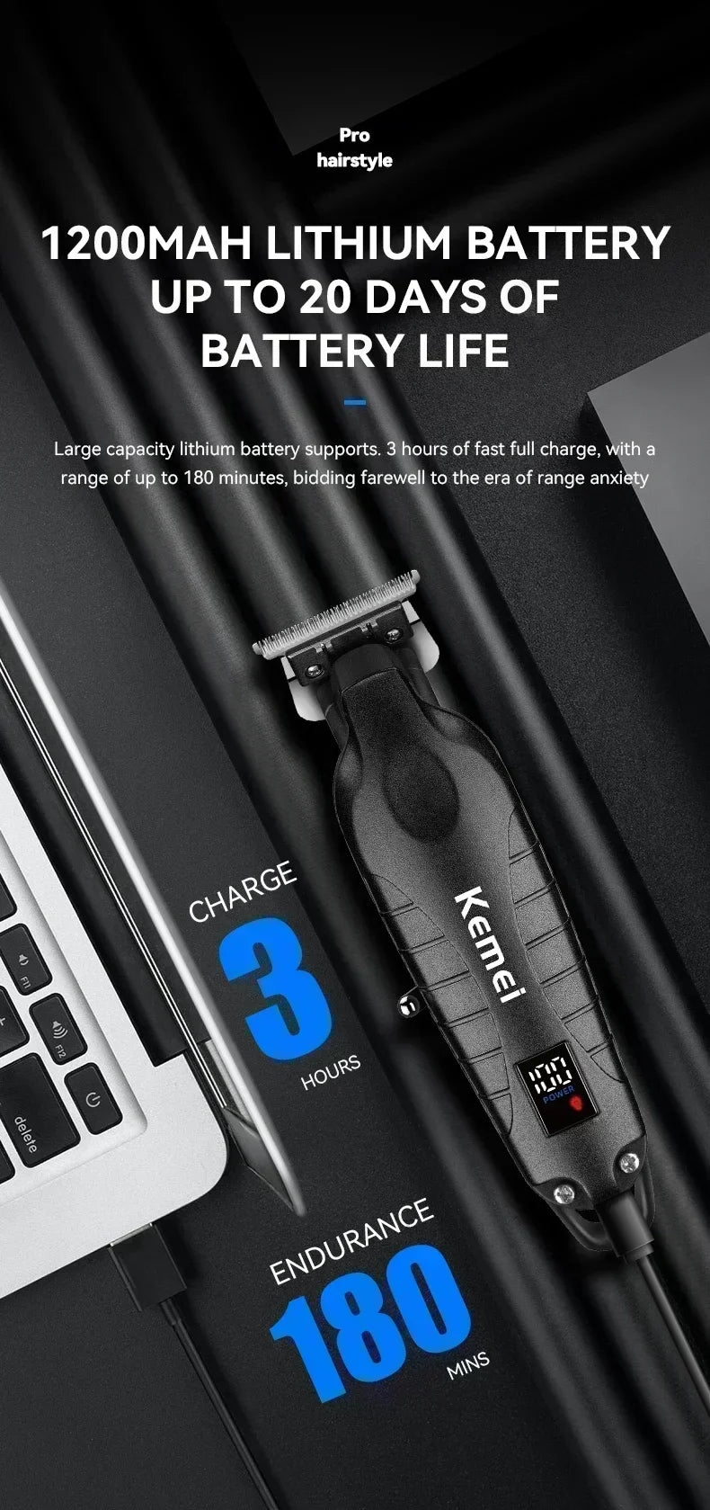 Kemei Professional Hair Clipper – LCD Display, Cordless Electric Trimmer