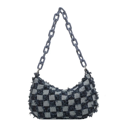 Vintage Women's Casual Shoulder & Underarm Bag | Plaid Pattern Denim Small Purse (Ladies Chain Leisure Handbag, Hobo Style)