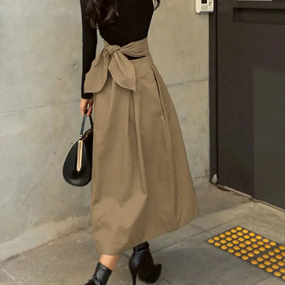 Solid Color Elegance: Slimming High-Waist Skirt with Bow Detail